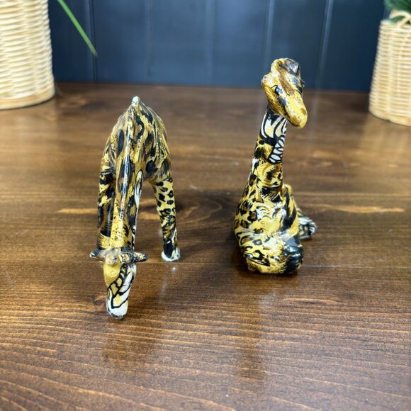 Pair of Vintage Giraffe Figurines in Animal Print Decoupage Safari Shelf Decor - Picture 2 of 15
